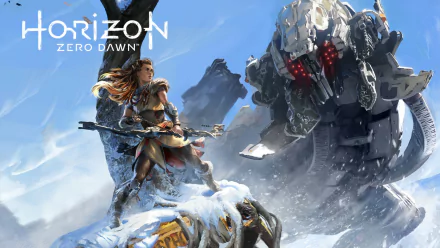 HD wallpaper featuring Aloy from Horizon Zero Dawn, standing in a snowy landscape, armed with a bow, facing a large robotic creature. Text reads Horizon Zero Dawn.