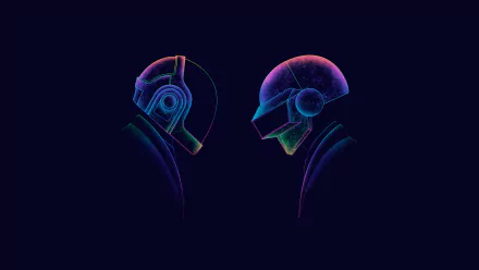 HD PC desktop wallpaper featuring neon outlines of Daft Punk's iconic helmets against a dark background, blending music and digital art themes.