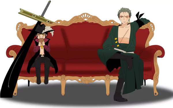 An HD wallpaper featuring Dracule Mihawk and Roronoa Zoro from the anime One Piece, seated on a regal couch, showcasing their unique styles and camaraderie.