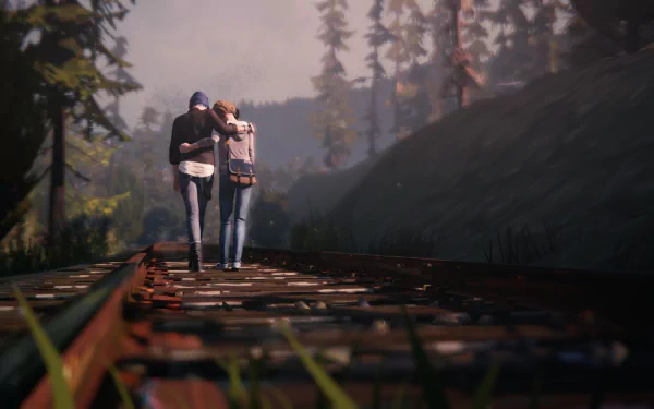 HD desktop wallpaper featuring Chloe Price and Max Caulfield from the video game Life Is Strange, walking together on railroad tracks in a serene forest setting.
