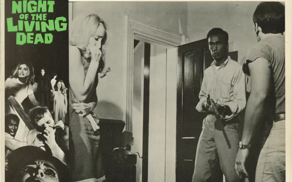 Black-and-white HD desktop wallpaper from the movie Night of the Living Dead, featuring tense characters in a suspenseful scene inside a house.