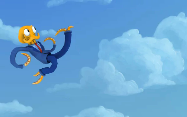 HD PC desktop wallpaper of Octodad from the video game Octodad: Dadliest Catch — a suited yellow octopus drifting across a bright blue sky with fluffy clouds.