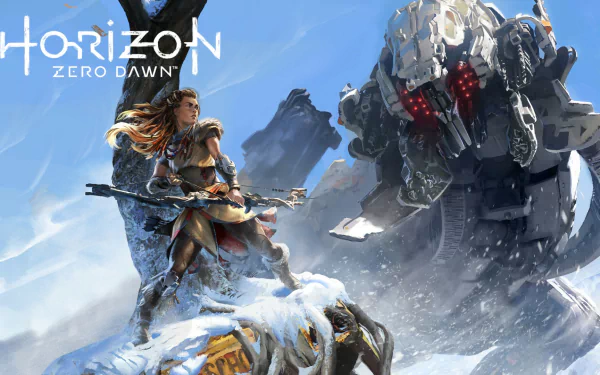 HD wallpaper featuring Aloy from Horizon Zero Dawn, standing in a snowy landscape, armed with a bow, facing a large robotic creature. Text reads Horizon Zero Dawn.