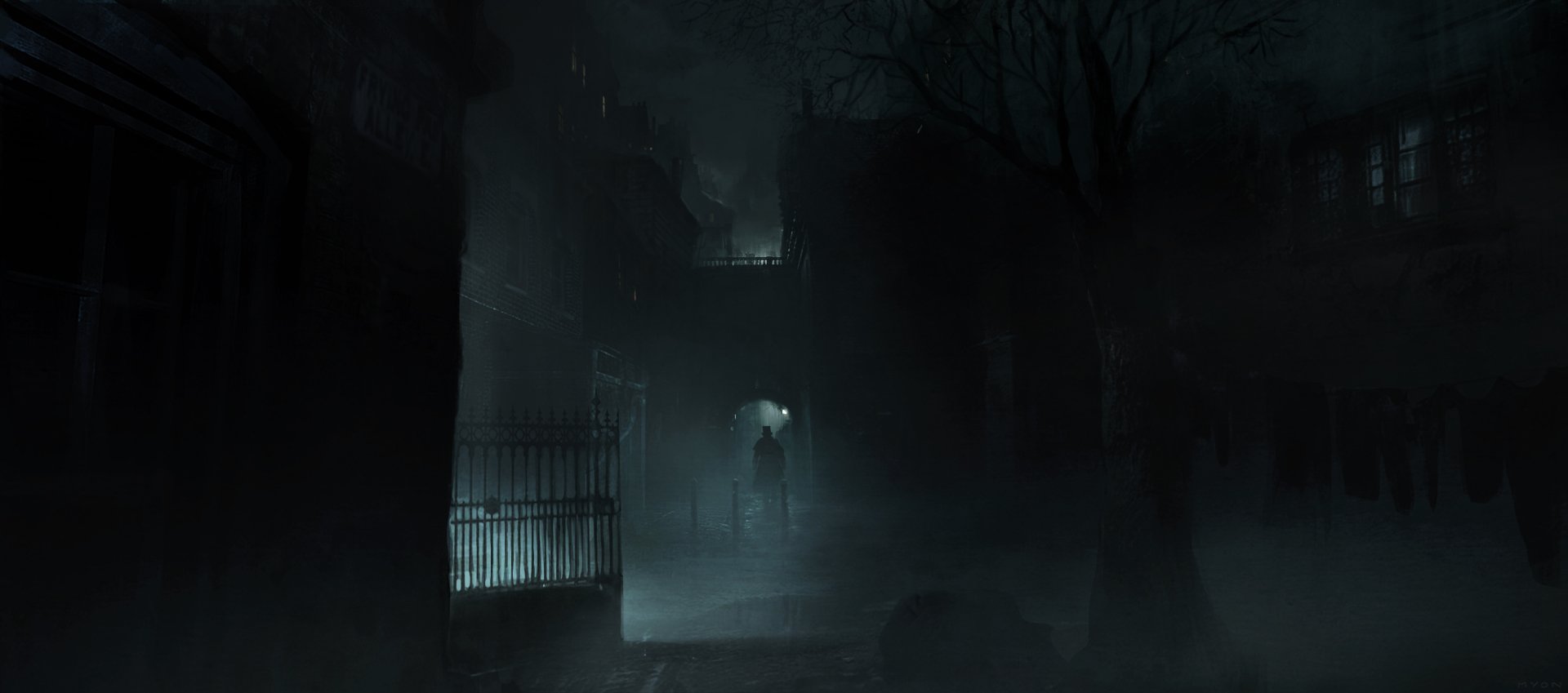 Dark, foggy scene from Assassin's Creed: Syndicate showcasing a mysterious figure near wrought iron gates, captured in HD for a PC desktop background.