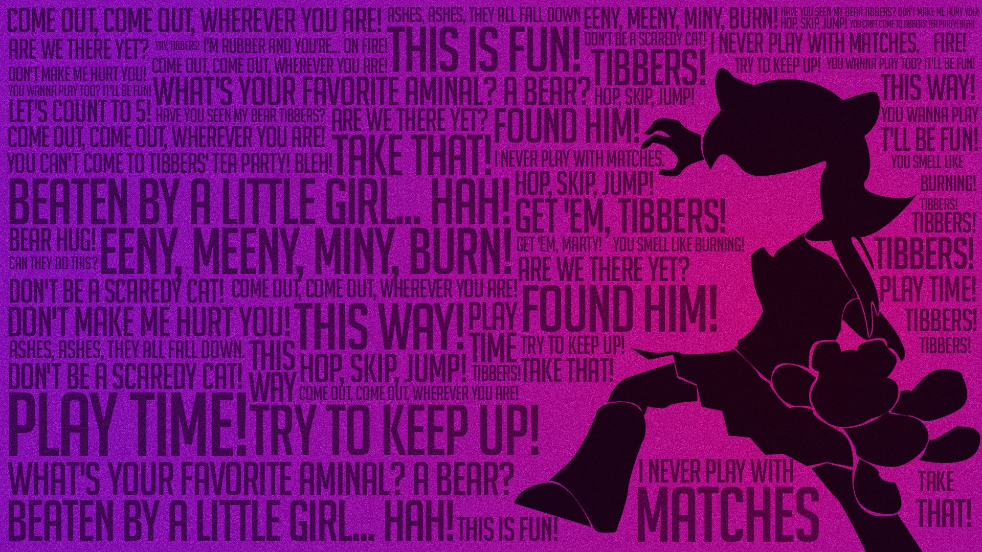 HD PC desktop wallpaper featuring Annie, a character from the video game League of Legends, with a vibrant purple background and stylized text highlighting her iconic phrases.