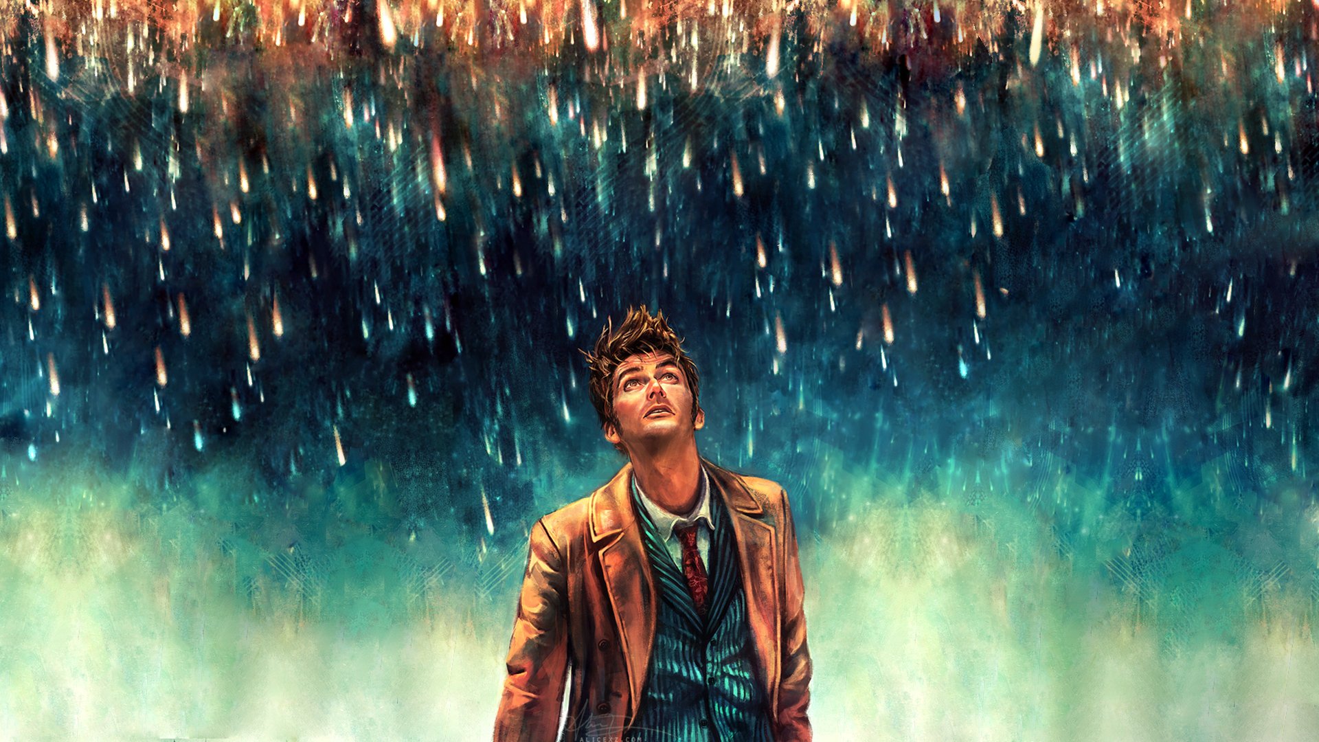 An HD desktop wallpaper from the TV show Doctor Who (2005), featuring the Doctor gazing upward as rain cascades around him, creating a dramatic and atmospheric scene.