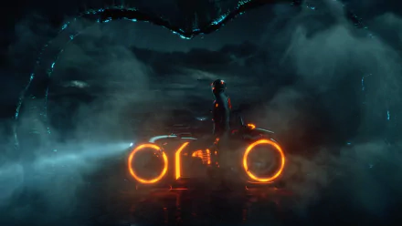 TRON: Legacy movie HD PC desktop wallpaper — silhouetted rider atop a glowing orange light cycle cutting through fog in a neon digital landscape.