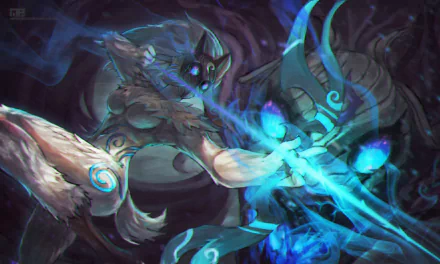 A HD desktop wallpaper featuring Kindred from League of Legends, set in the eerie atmosphere of Shadow Isles, depicting a dynamic scene filled with dark, mystical energies.