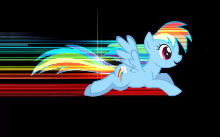HD PC desktop wallpaper featuring Rainbow Dash from the TV show My Little Pony: Friendship Is Magic, depicted with colorful motion streaks on a black background.