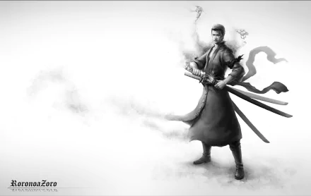 HD desktop wallpaper featuring Roronoa Zoro from the anime One Piece. The black and white image shows Zoro in a dynamic pose with swords, exuding a powerful aura amidst swirling mist.