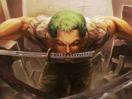 HD desktop wallpaper featuring Roronoa Zoro from the anime One Piece, showcasing his fierce expression and signature three-sword style amidst a dynamic battle background.