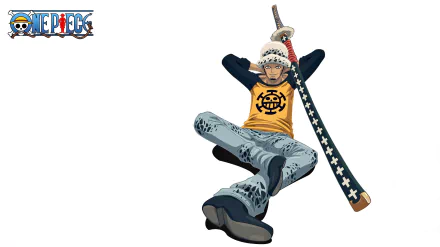 HD desktop wallpaper featuring Trafalgar Law from the anime One Piece, depicted in a relaxed pose with his sword.