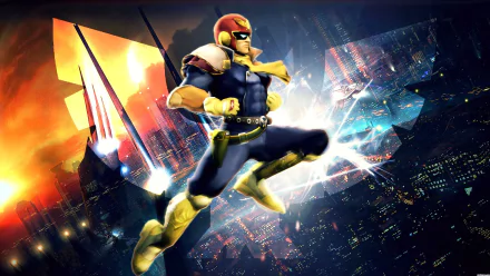 HD desktop wallpaper featuring Captain Falcon from the F-Zero series, posed dynamically with a glowing energy effect and futuristic city backdrop.