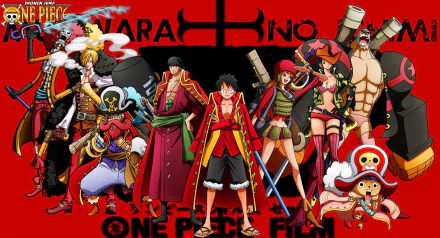 HD desktop wallpaper featuring the One Piece characters Tony Tony Chopper, Franky, Nico Robin, Nami, Monkey D. Luffy, Roronoa Zoro, Usopp, Sanji, and Brook against a red background.