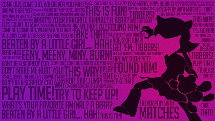 HD PC desktop wallpaper featuring Annie, a character from the video game League of Legends, with a vibrant purple background and stylized text highlighting her iconic phrases.