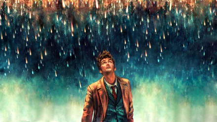 An HD desktop wallpaper from the TV show Doctor Who (2005), featuring the Doctor gazing upward as rain cascades around him, creating a dramatic and atmospheric scene.