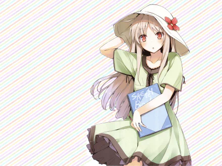 HD desktop wallpaper featuring Mashiro Shiina from the anime Sakurasou no Pet na Kanojo, holding a sketchbook and wearing a green dress with a hat against a striped background.