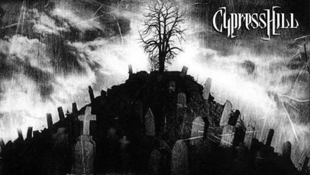 HD PC desktop wallpaper: black-and-white graveyard hill with a bare tree and tombstones beneath a stormy sky, Cypress Hill logo — music-themed background.
