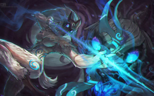 A HD desktop wallpaper featuring Kindred from League of Legends, set in the eerie atmosphere of Shadow Isles, depicting a dynamic scene filled with dark, mystical energies.