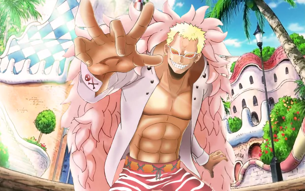 A vibrant HD desktop wallpaper featuring Donquixote Doflamingo from the anime One Piece, showcasing his iconic style against a colorful seaside background.