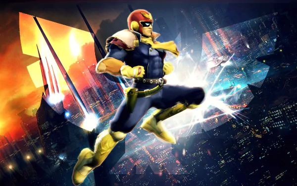 HD desktop wallpaper featuring Captain Falcon from the F-Zero series, posed dynamically with a glowing energy effect and futuristic city backdrop.
