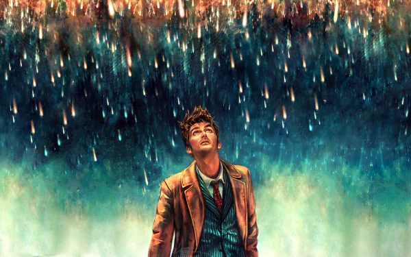 An HD desktop wallpaper from the TV show Doctor Who (2005), featuring the Doctor gazing upward as rain cascades around him, creating a dramatic and atmospheric scene.