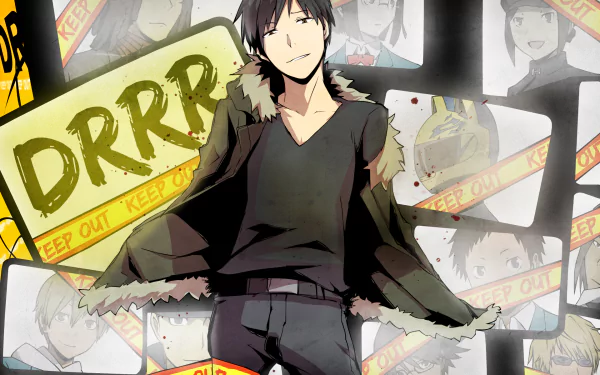 Izaya Orihara from the anime Durarara!! stands confidently against a backdrop of character images, making this HD wallpaper a striking addition to any desktop setup.