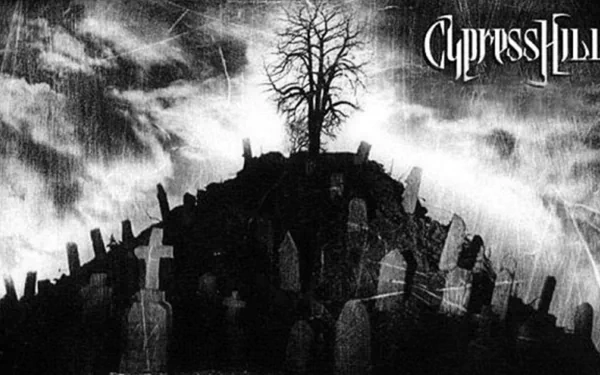 HD PC desktop wallpaper: black-and-white graveyard hill with a bare tree and tombstones beneath a stormy sky, Cypress Hill logo — music-themed background.