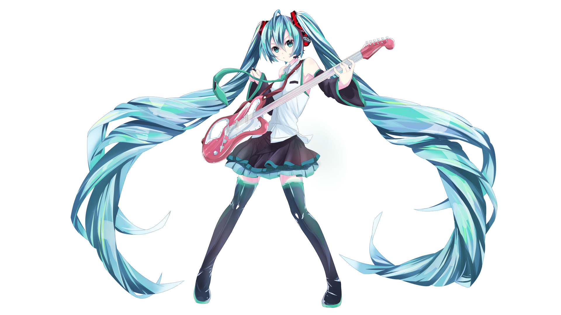 A vibrant 4K Ultra HD wallpaper featuring Hatsune Miku, the iconic Vocaloid character, playing a red guitar with her long turquoise hair flowing elegantly.