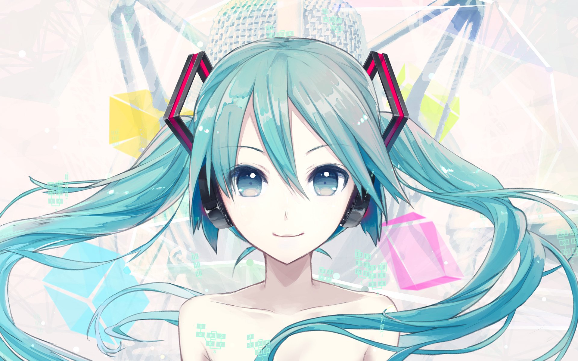 HD anime desktop wallpaper featuring Hatsune Miku, the iconic Vocaloid character, with vibrant teal twin-tails and futuristic colorful geometric background.