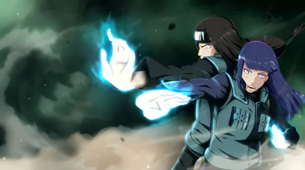 Hinata Hyuga and Neji Hyūga face a dynamic backdrop in this high-definition anime wallpaper from Naruto, showcasing their intensity and power.