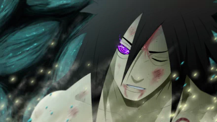 HD wallpaper featuring Madara Uchiha from the anime Naruto. He has an intense expression with his distinctive eyes glowing, framed by a dark and ethereal background.