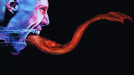 HD PC desktop wallpaper — TV show The Strain: blue-tinted vampiric face projecting a long red, fleshy tongue-like appendage across a black background.