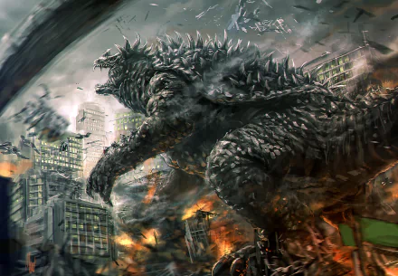 HD PC desktop wallpaper featuring a dramatic scene from the movie Godzilla Raids Again, showcasing Godzilla rampaging through a burning cityscape.