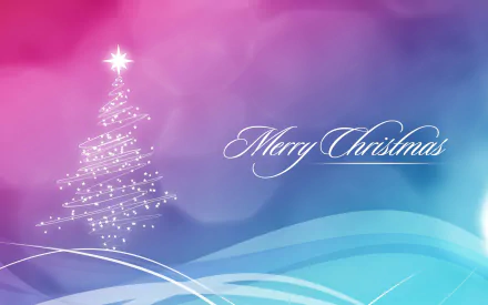 A festive 4K Ultra HD wallpaper featuring a sparkling Christmas tree and the message Merry Christmas, set against a vibrant pink and blue wave background.