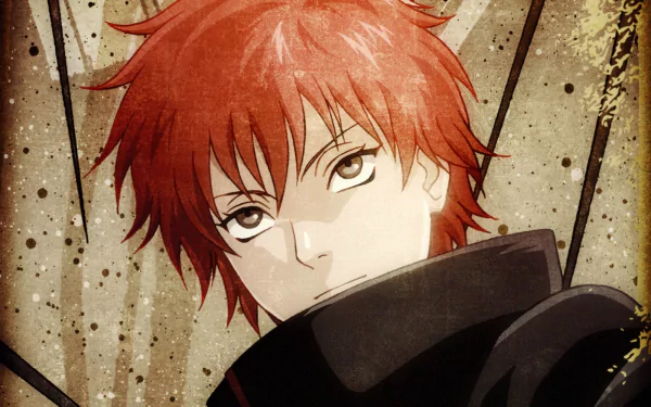 High-definition wallpaper featuring Sasori from the anime Naruto, showcasing his distinctive red hair and intense expression against a textured background.