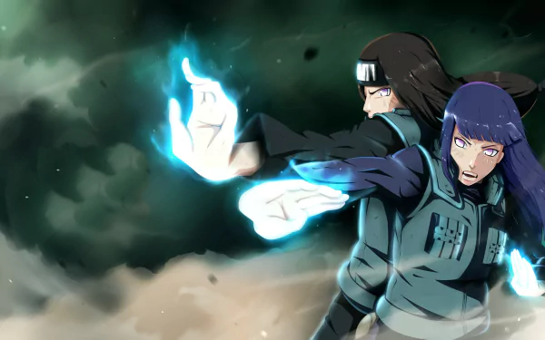 Hinata Hyuga and Neji Hyūga face a dynamic backdrop in this high-definition anime wallpaper from Naruto, showcasing their intensity and power.