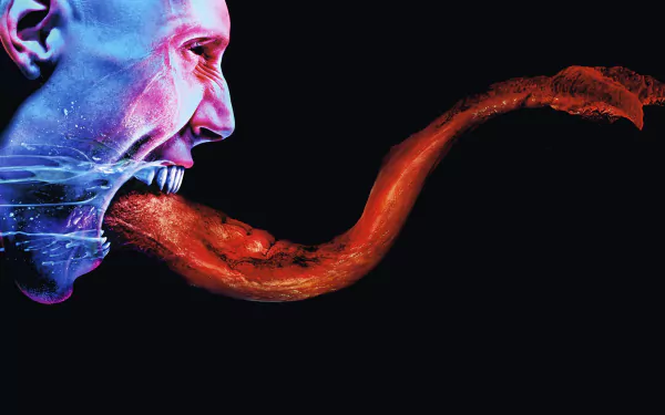 HD PC desktop wallpaper — TV show The Strain: blue-tinted vampiric face projecting a long red, fleshy tongue-like appendage across a black background.