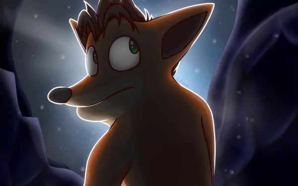 HD PC desktop wallpaper featuring Crash Bandicoot, the iconic video game character, illuminated against a dark, mysterious background.