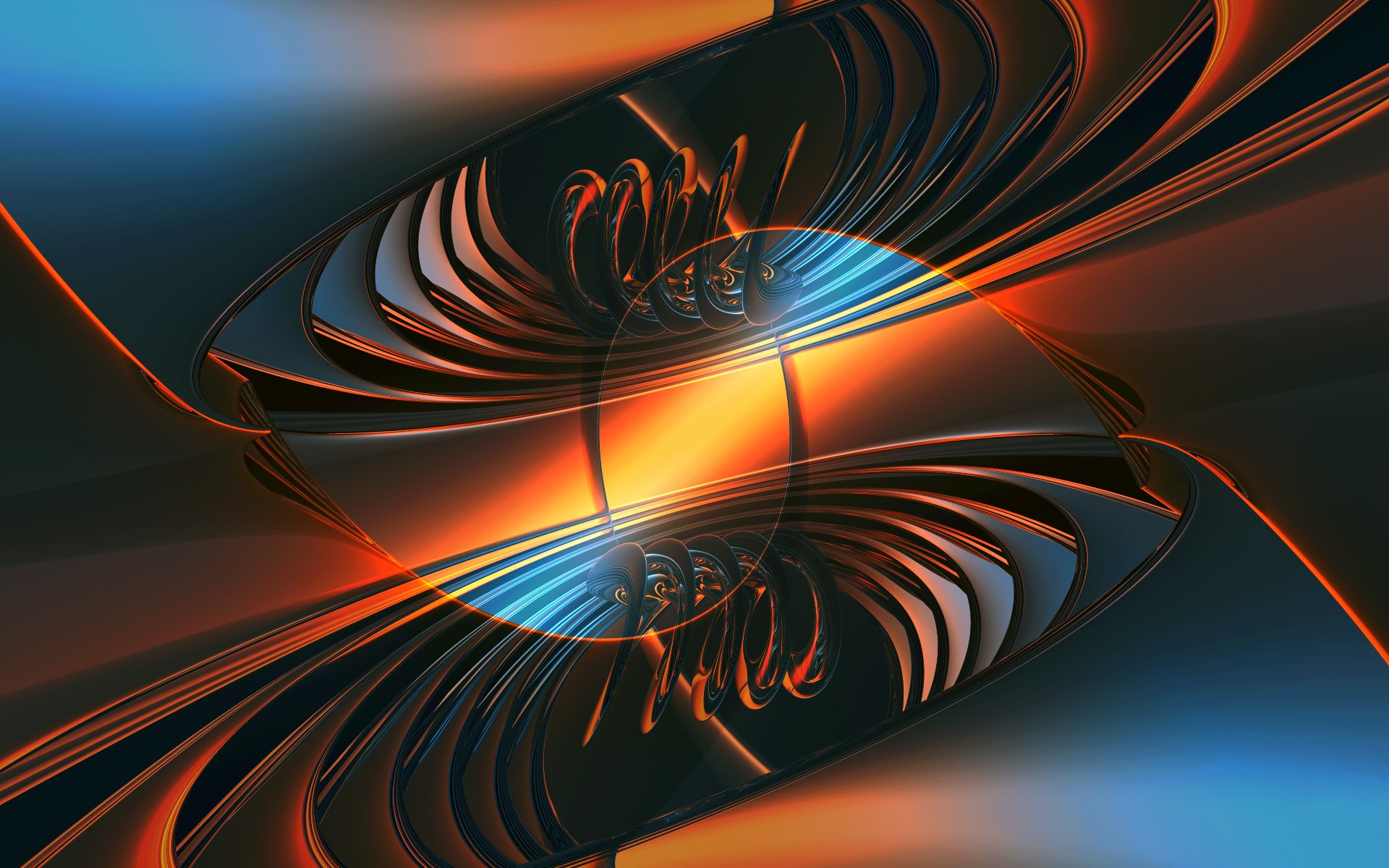 Abstract artistic HD PC desktop wallpaper and background: mirrored swirling ribbons of orange, blue and black around a glowing central orb, layered curved metallic bands and reflective gradients.