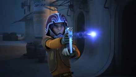 Ezra Bridger from the TV show Star Wars Rebels aims a blaster in a dimly lit sci-fi corridor, depicted in an HD PC desktop wallpaper.