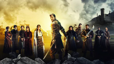 HD desktop wallpaper featuring the cast of the TV show Diriliş: Ertuğrul, showcasing the main characters against a dramatic background of light and shadow.