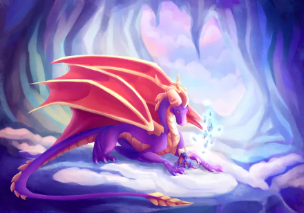 A vibrant HD wallpaper featuring Spyro the Dragon, showcasing the iconic purple dragon in a magical cave setting, capturing the essence of the beloved video game character.