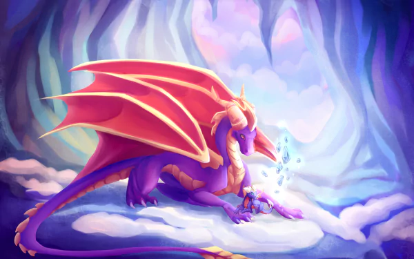 A vibrant HD wallpaper featuring Spyro the Dragon, showcasing the iconic purple dragon in a magical cave setting, capturing the essence of the beloved video game character.