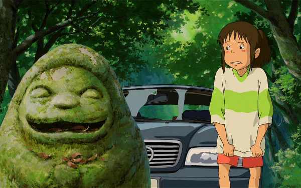 HD desktop wallpaper featuring Chihiro standing beside a car with a stone statue from Spirited Away in a lush green setting.