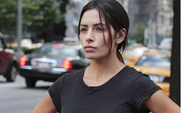 HD desktop wallpaper featuring Sarah Shahi from the TV show Person of Interest, set against a city street backdrop.