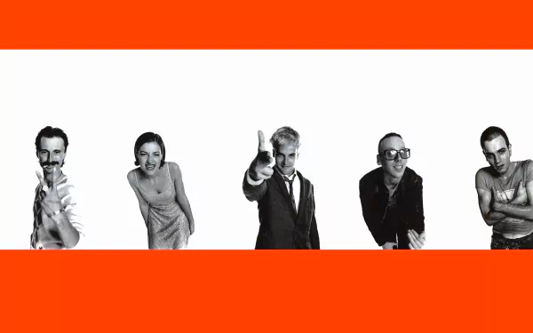 HD PC desktop wallpaper: five black-and-white characters from the movie Trainspotting lined across a white stripe between bold orange horizontal bands.