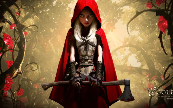 HD PC desktop wallpaper of the video game Woolfe: The Red Hood Diaries featuring a fierce red-hooded girl holding an axe amidst a dark, rose-filled forest background.