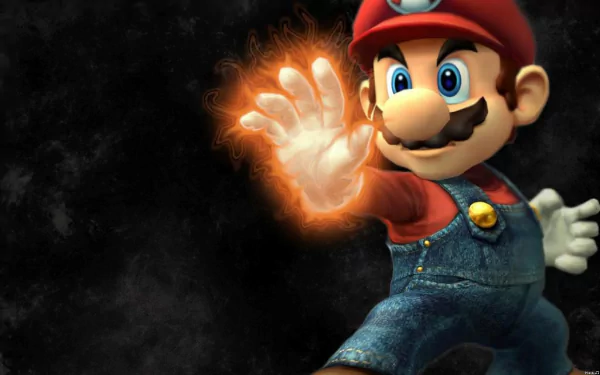Mario from the video game Super Smash Bros. Brawl fires a glowing energy blast, dynamic 2K Quad HD PC desktop wallpaper and background.