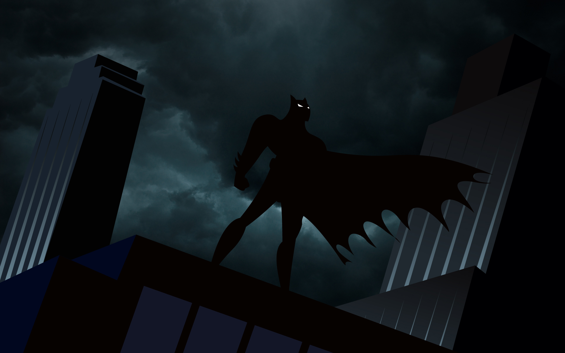 Batman overlooking Gotham City at night. Stunning HD desktop wallpaper by Bruce Timm.